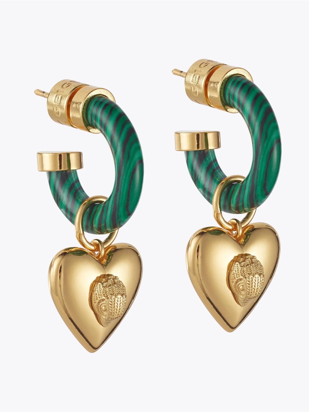 Kurt Geiger Gold Heart Drop Earrings with Green Striped Hoops